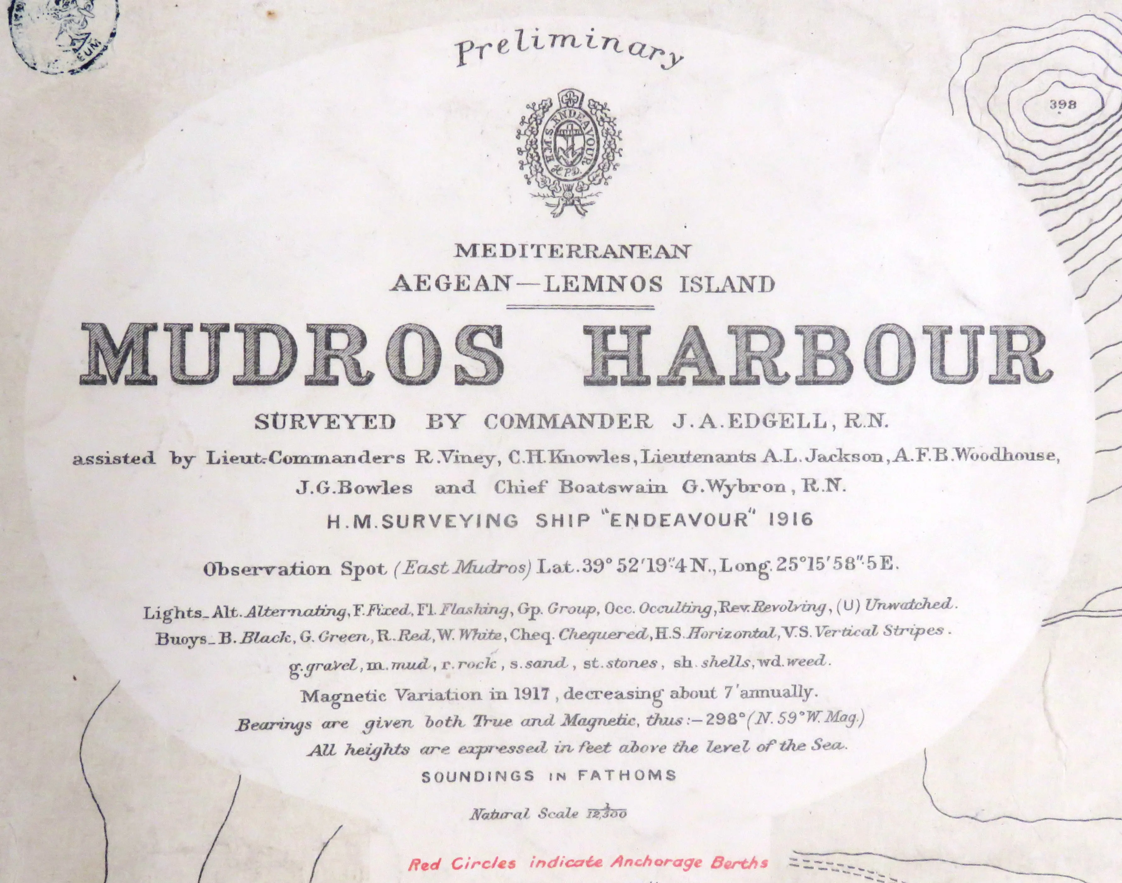 Title block of a preliminary chart titled 'Mudros Harbour,' surveyed in 1916, featuring nautical descriptions.
