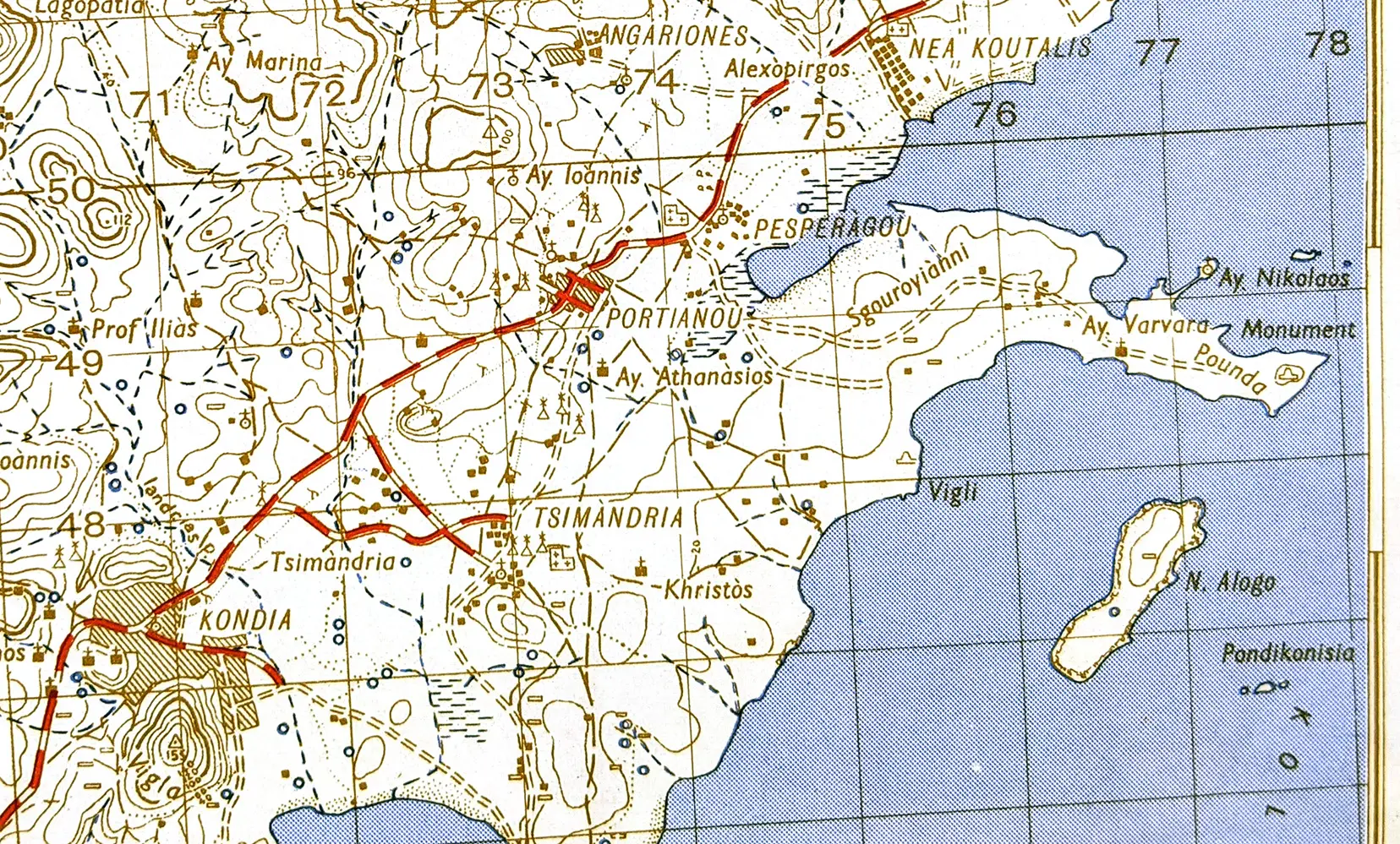 Vintage topographic map of a coastal area, showing roads, elevations, and marked villages like Kondia and Portianou. Thin coastal outlines and islands depicted.