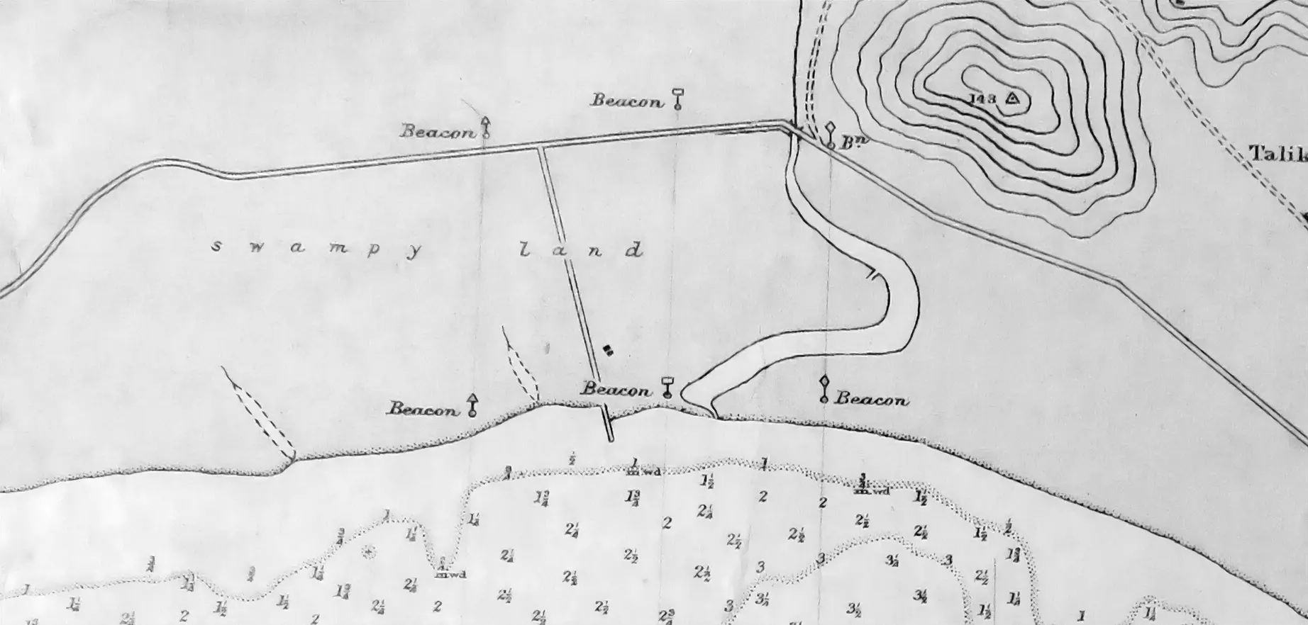 Black and white map depicting 'swampy land' with topographic lines, beacons, and labeled areas.