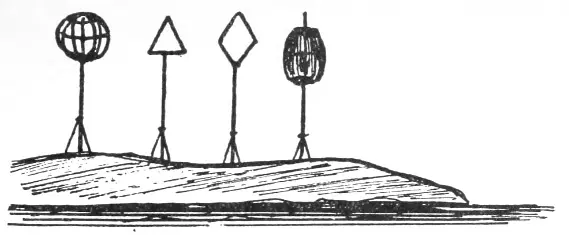 Line drawing of four geometric shapes on poles atop a hill, including a globe, triangle, diamond, and cylinder, against a plain background.