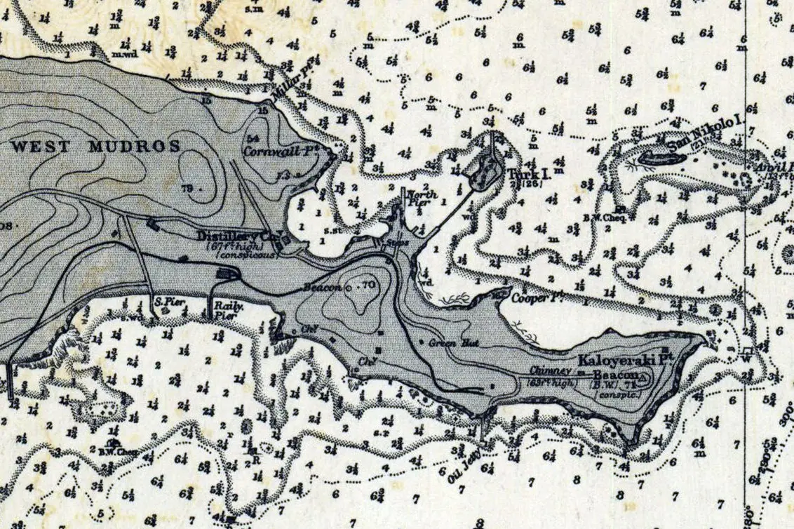 Historic nautical chart of West Mudros peninsula, with contours, fathom measurements, navigation points and features.